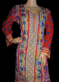 ISHIEQA's Designer Red Chikankari Kurti (L)  - MC0101B