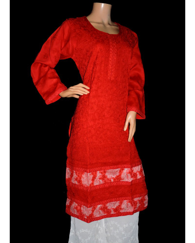 ISHIEQA's Designer Red Chikankari Cotton Kurti (L)  - MC0101B