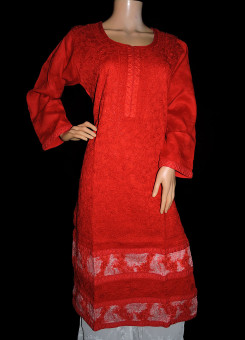 ISHIEQA's Designer Red Chikankari Cotton Kurti (L)  - MC0101B