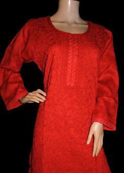 ISHIEQA's Designer Red Chikankari Cotton Kurti (L)  - MC0101B