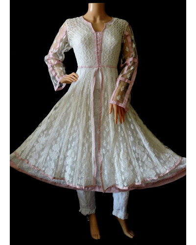 ISHIEQA's Designer White-Pink Cotton-Net Chikankari Kurti(M) - MC0101B