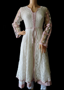 ISHIEQA's Designer White-Pink Cotton-Net Chikankari Kurti(M) - MC0101B