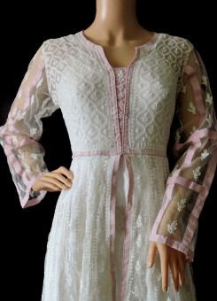 ISHIEQA's Designer White-Pink Cotton-Net Chikankari Kurti(M) - MC0101B