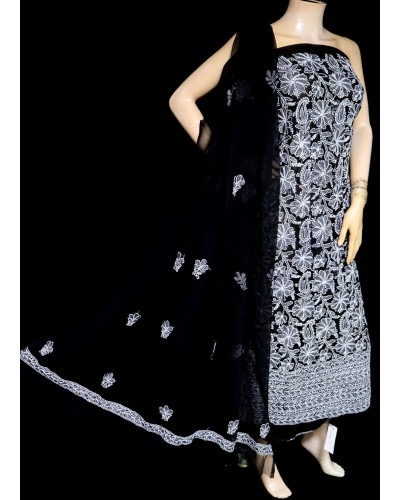 ISHIEQA's Black-A Georgette Chikankari Dress Material-KL0201D