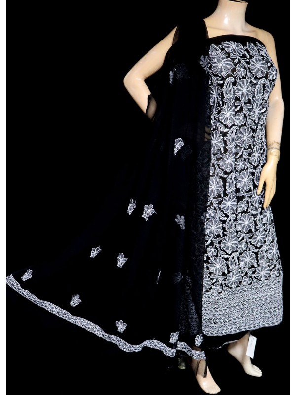 Black Color Chikan Cotton Suit Set With Net Lace dupatta – Nirbani