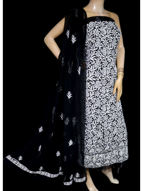 ISHIEQA's Black-B Georgette Chikankari Dress Material-KL0201D