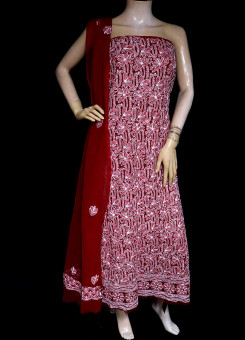 ISHIEQA's Red Georgette Chikankari Dress Material-KL0204D