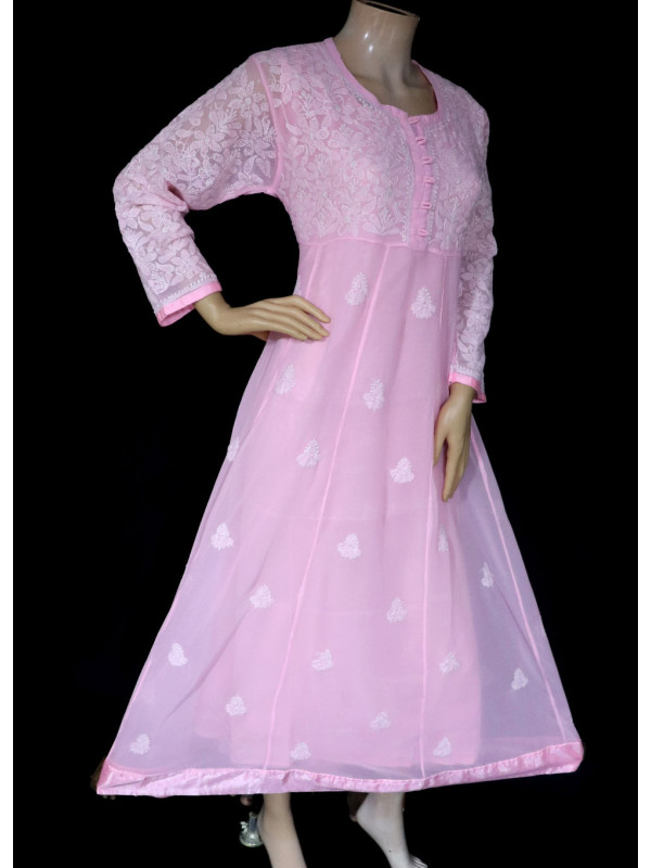 ISHIEQA's Pink Georgette Chikankari A-Line Kurti- KL0520D