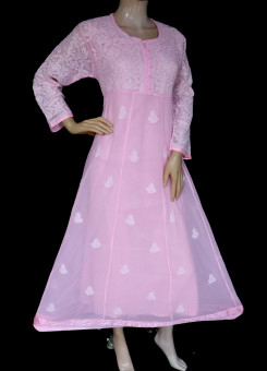 ISHIEQA's Pink Georgette Chikankari A-Line Kurti- KL0520D