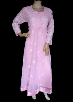 ISHIEQA's Pink Georgette Chikankari A-Line Kurti- KL0520D