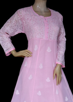 ISHIEQA's Pink Georgette Chikankari A-Line Kurti- KL0520D