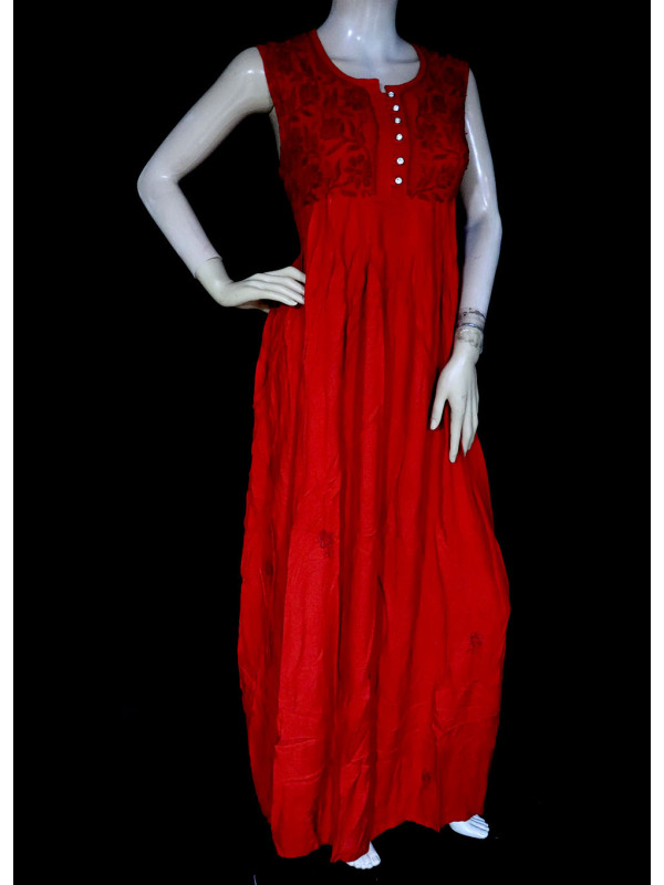 ISHIEQA's Red Rayon Chikankari A-Line Kurti- KL0730D