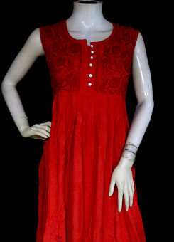ISHIEQA's Red Rayon Chikankari A-Line Kurti- KL0730D