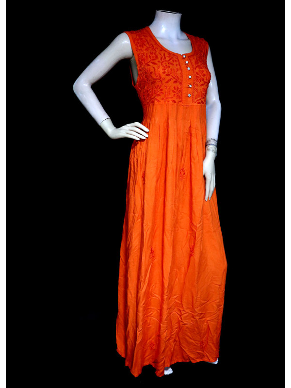 ISHIEQA's Orange Rayon Chikankari A-Line Kurti- KL0730D