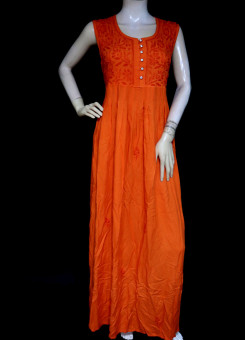 ISHIEQA's Orange Rayon Chikankari A-Line Kurti- KL0730D