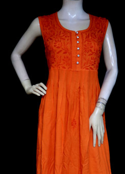 ISHIEQA's Orange Rayon Chikankari A-Line Kurti- KL0730D