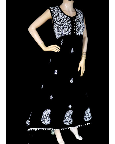 ISHIEQA's Black Rayon Chikankari A-Line Kurti- KL0730D