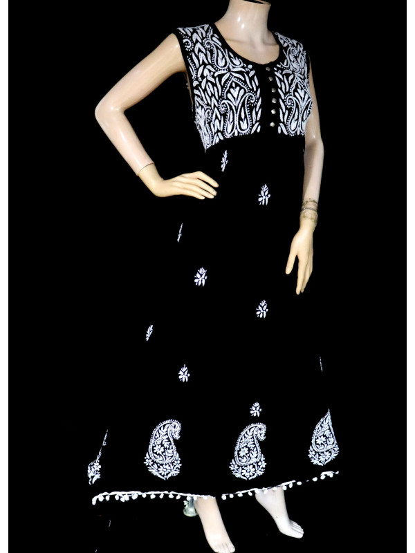 ISHIEQA's Black Rayon Chikankari A-Line Kurti- KL0730D