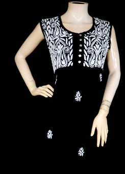ISHIEQA's Black Rayon Chikankari A-Line Kurti- KL0730D