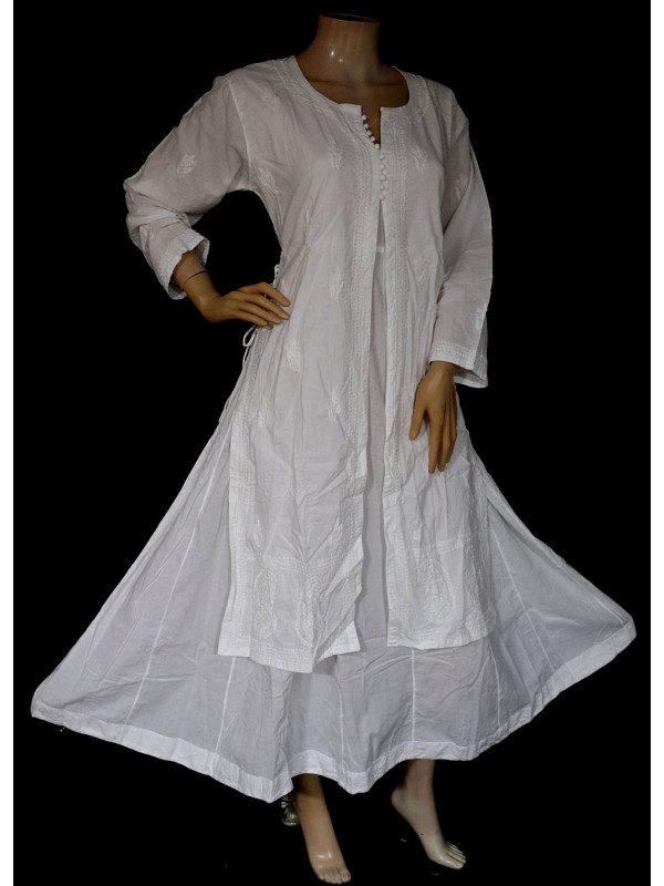 ISHIEQA's White Kalidaar Chikankari Cotton Kurti - MV1209D
