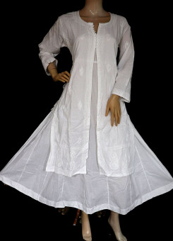 ISHIEQA's White Kalidaar Chikankari Cotton Kurti - MV1209D