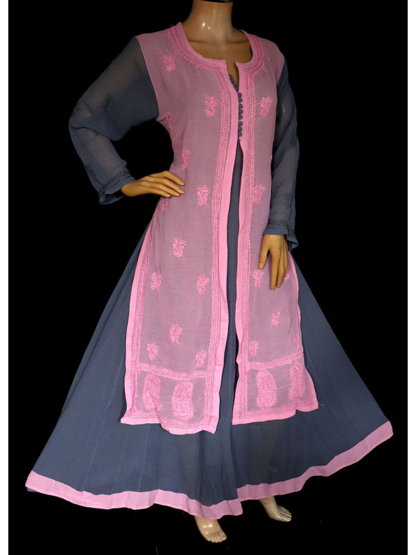 ISHIEQA's Grey-Pink Kalidaar Chikankari Georgette Kurti  - MV1208D