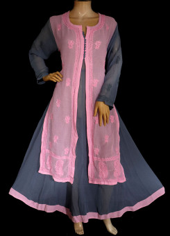 ISHIEQA's Grey-Pink Kalidaar Chikankari Georgette Kurti  - MV1208D
