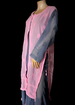 ISHIEQA's Grey-Pink Kalidaar Chikankari Georgette Kurti  - MV1208D