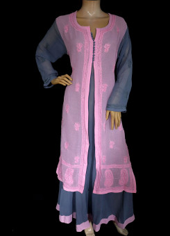 ISHIEQA's Grey-Pink Kalidaar Chikankari Georgette Kurti  - MV1208D