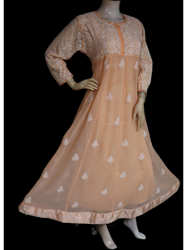 ISHIEQA's Light Orange Georgette Chikankari A-Line Kurti- KL0520D