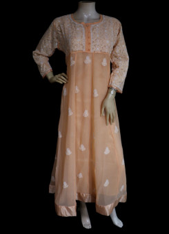 ISHIEQA's Light Orange Georgette Chikankari A-Line Kurti- KL0520D
