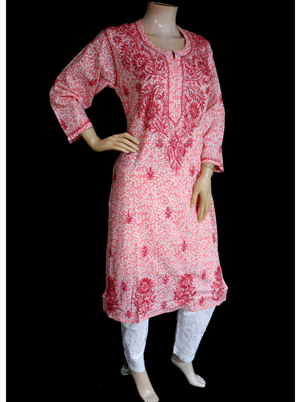 ISHIEQA's Peach Printed Cotton Chikankari Kurti  - AN0401D