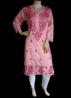 ISHIEQA's Peach Printed Cotton Chikankari Kurti  - AN0401D