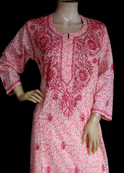 ISHIEQA's Peach Printed Cotton Chikankari Kurti  - AN0401D