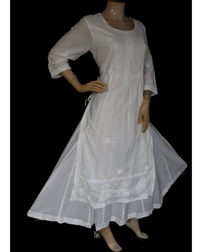 ISHIEQA's White Kalidaar Chikankari Cotton Kurti - KL0806D