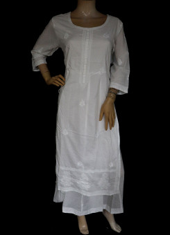 ISHIEQA's White Kalidaar Chikankari Cotton Kurti - KL0806D
