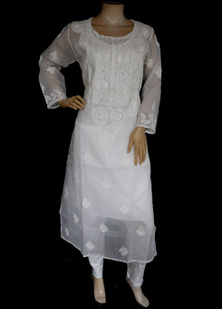 ISHIEQA's White Chikankari Kota Doria Kurti  - MV1204D