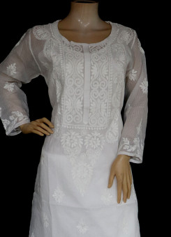 ISHIEQA's White Chikankari Kota Doria Kurti  - MV1204D