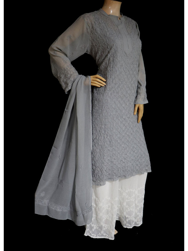 ISHIEQA's Grey Georgette Kurti with Dupatta -MV1001D