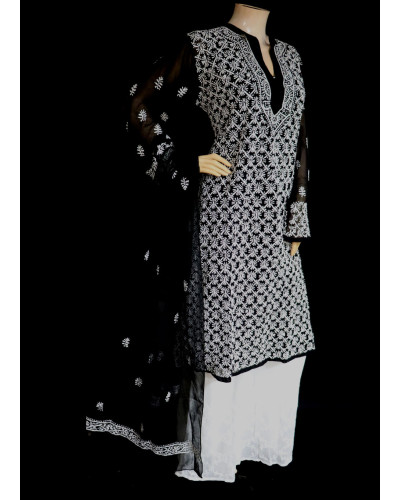 ISHIEQA's Black-White Georgette Kurti with Dupatta -MV1001D
