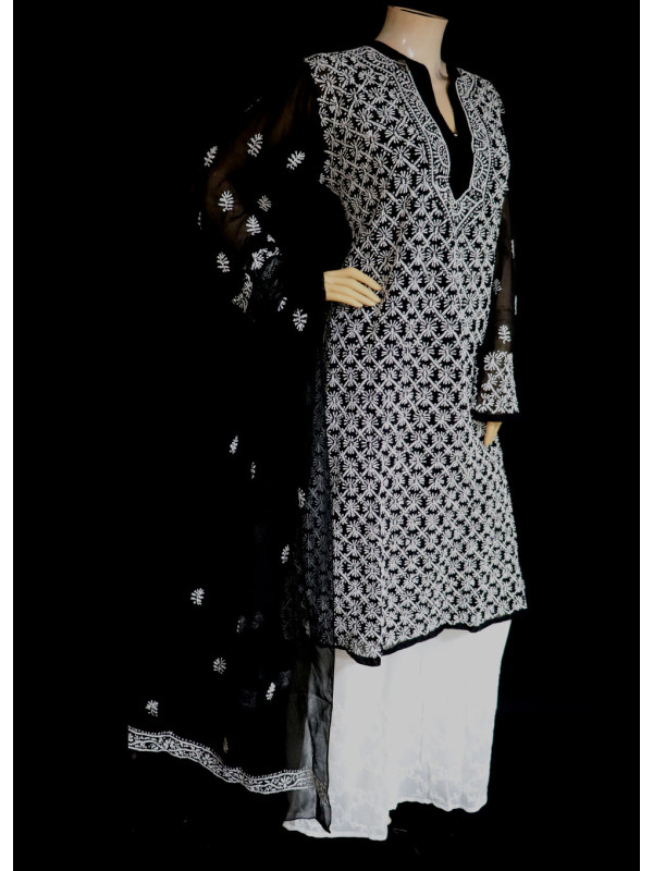 ISHIEQA's Black-White Georgette Kurti with Dupatta -MV1001D