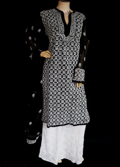 ISHIEQA's Black-White Georgette Kurti with Dupatta -MV1001D