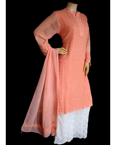 ISHIEQA's Peach Georgette Kurti with Dupatta -MV1001D