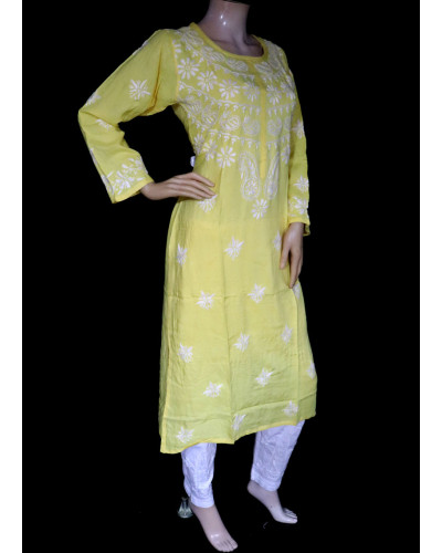 ISHIEQA's Yellow Rayon Chikankari Kurti- MV1601D