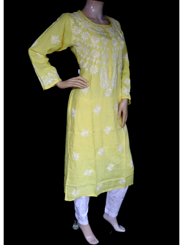 ISHIEQA's Yellow Rayon Chikankari Kurti- MV1601D