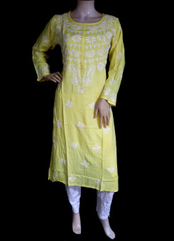 ISHIEQA's Yellow Rayon Chikankari Kurti- MV1601D