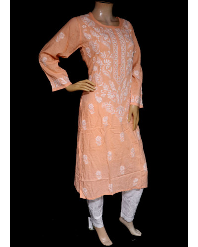 ISHIEQA's Peach Rayon Chikankari Kurti- MV1601D