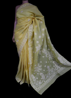 ISHIEQA's Yellow Cotton Chikankari Saree- KL0302D