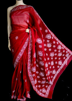 ISHIEQA's Red Cotton Chikankari Saree- KL0303D
