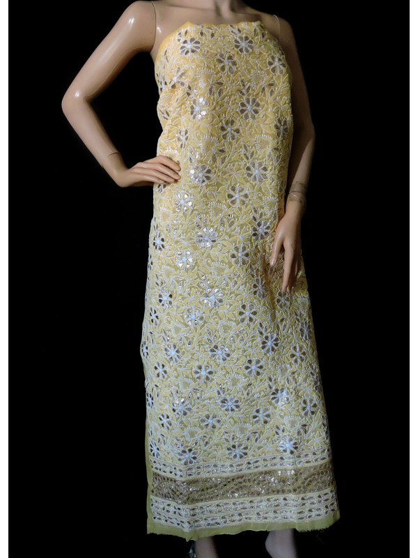 ISHIEQA's Yellow Cotton Gotta Patti Kurti Fabric - DC2408C